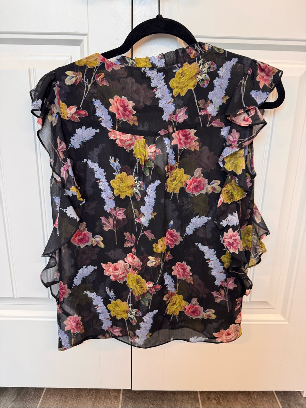 PAIGE Black Floral V-Neck Ruffle Sleeve Blouse, 100 percent silk - Picture 3 of 5